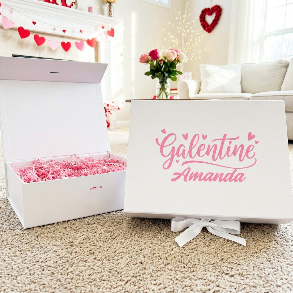 Multi Design Personalized Empty Valentine's Gift Box w Magnetic Lid, Bow and Crinkle Paper - Gifts Are Blue