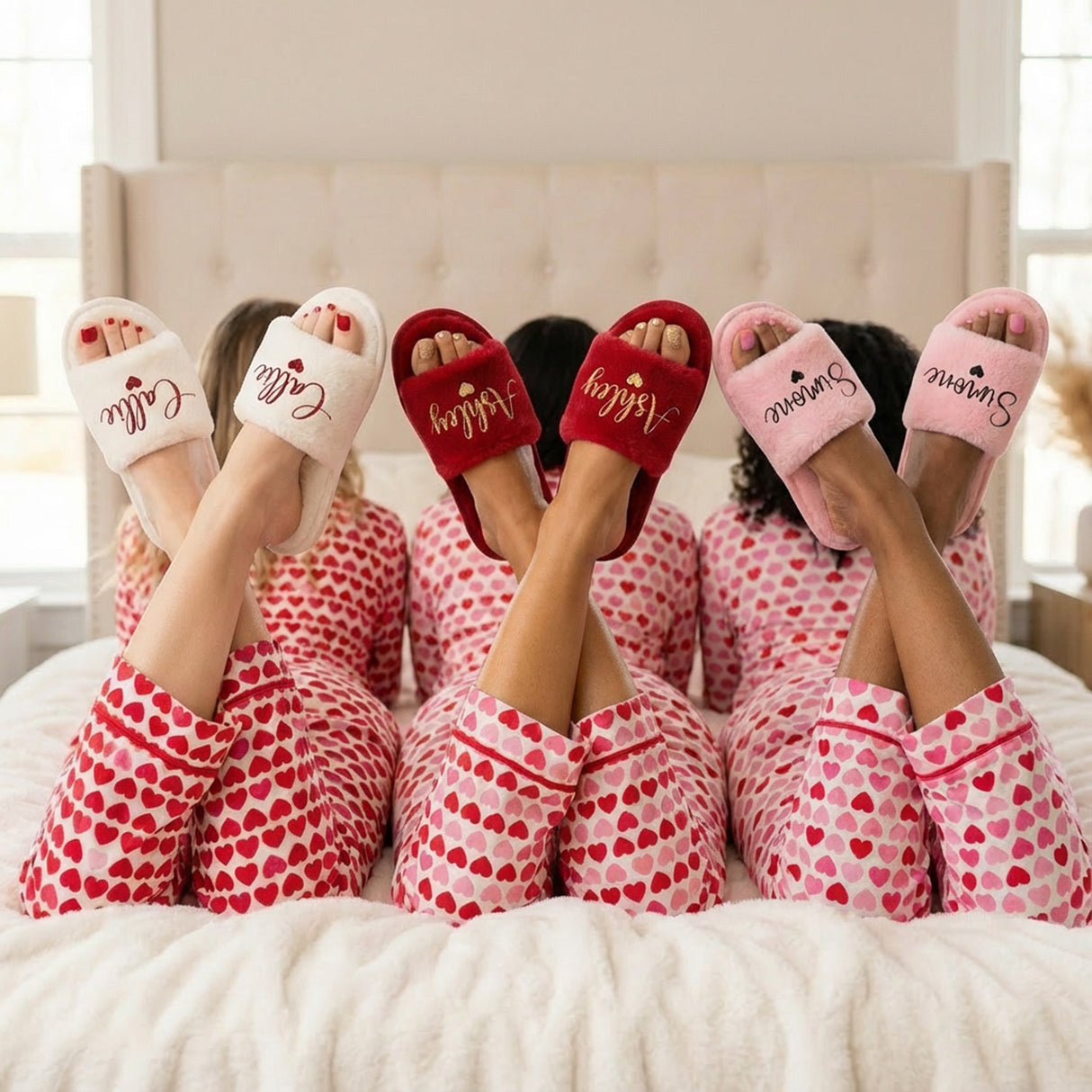 Personalized Galentine's gifts ideas. Fluffy slippers for women custom with name.