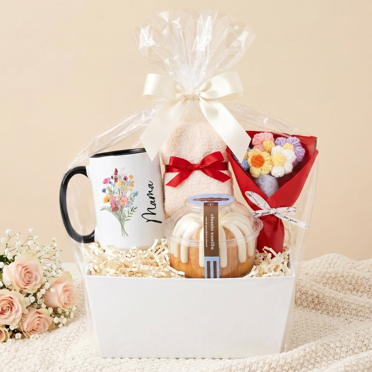 Sweet Cake & Bloom Basket Gift for Her with Bundt Cake, Mug and Fuzzy Socks - Gifts Are Blue