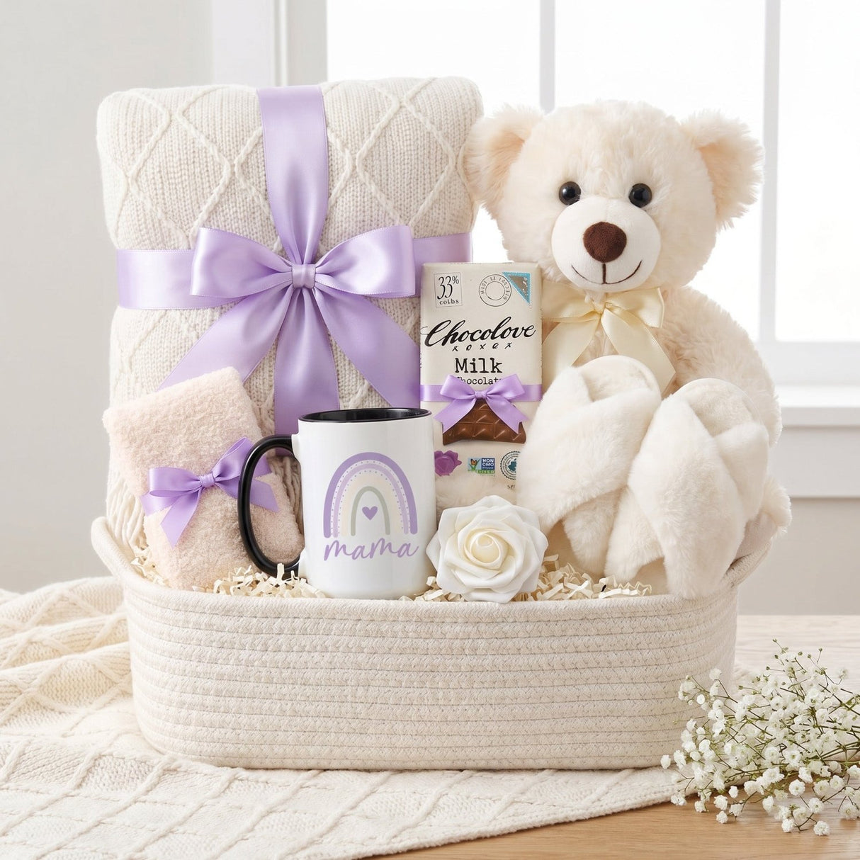 The Snuggle Set Mom Gift Basket with Blanket, Fluffy Slippers, & Teddy Bear - Gifts Are Blue