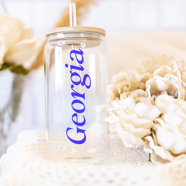 Personalized Iced Coffee Glass Tumbler with Lid and Straw and Custom Name or Title - Gifts Are Blue