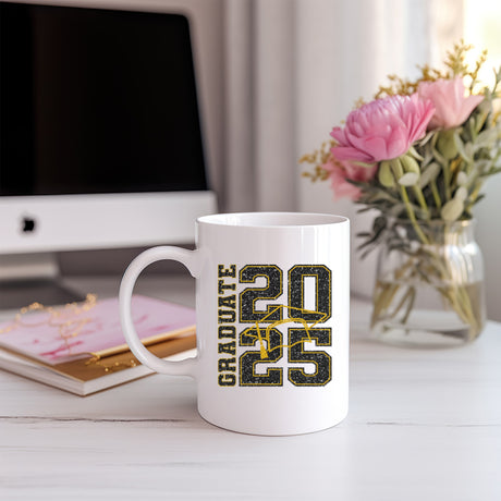 Trendy glitter Class of 2025 mug styled for senior girls or boys, ideal for graduation morning coffee.