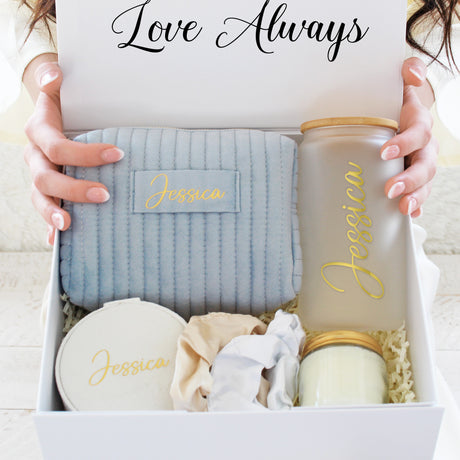 Gift for her custom gift box with personalized birthday gifts and spa products. Birthday gift for her luxury personalized gift set.