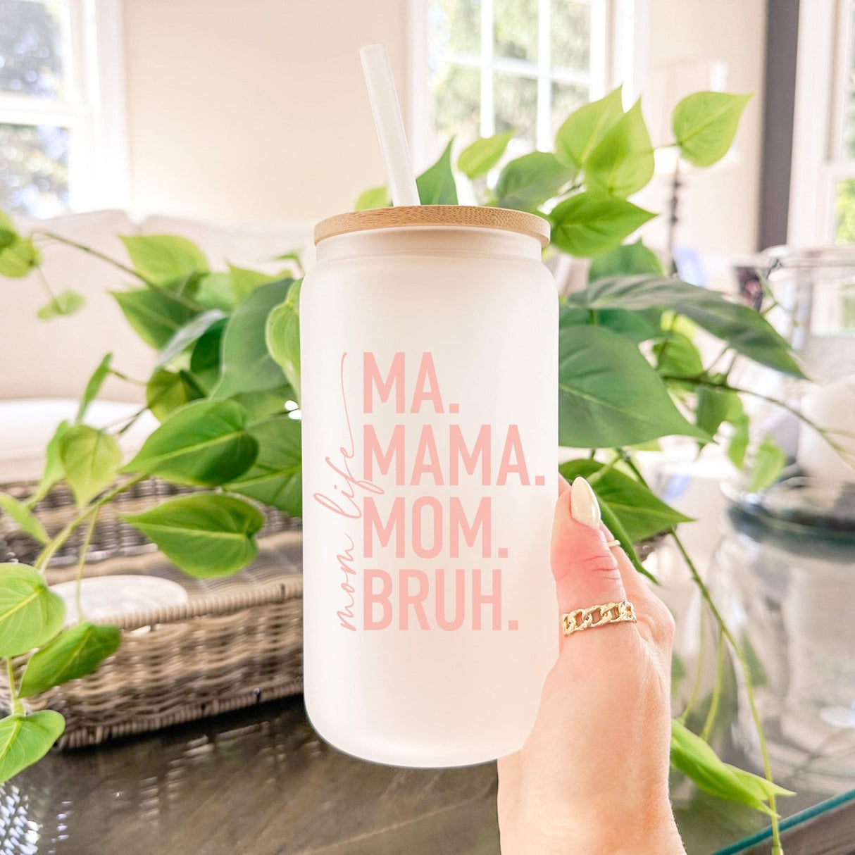 Personalized Funny Mom Life Glass Tumbler for Mom Life gifts, perfect gift for busy moms, includes bamboo lid and plastic straw.