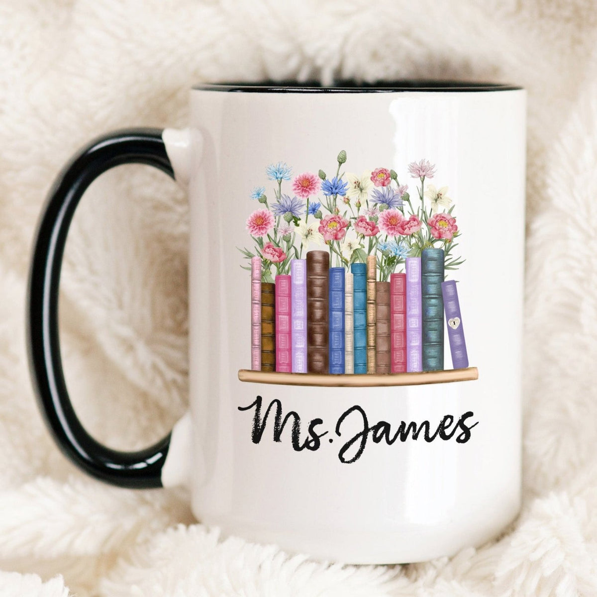 Unique teacher appreciation gift mug with custom floral artwork and name. Perfect gift for teachers.