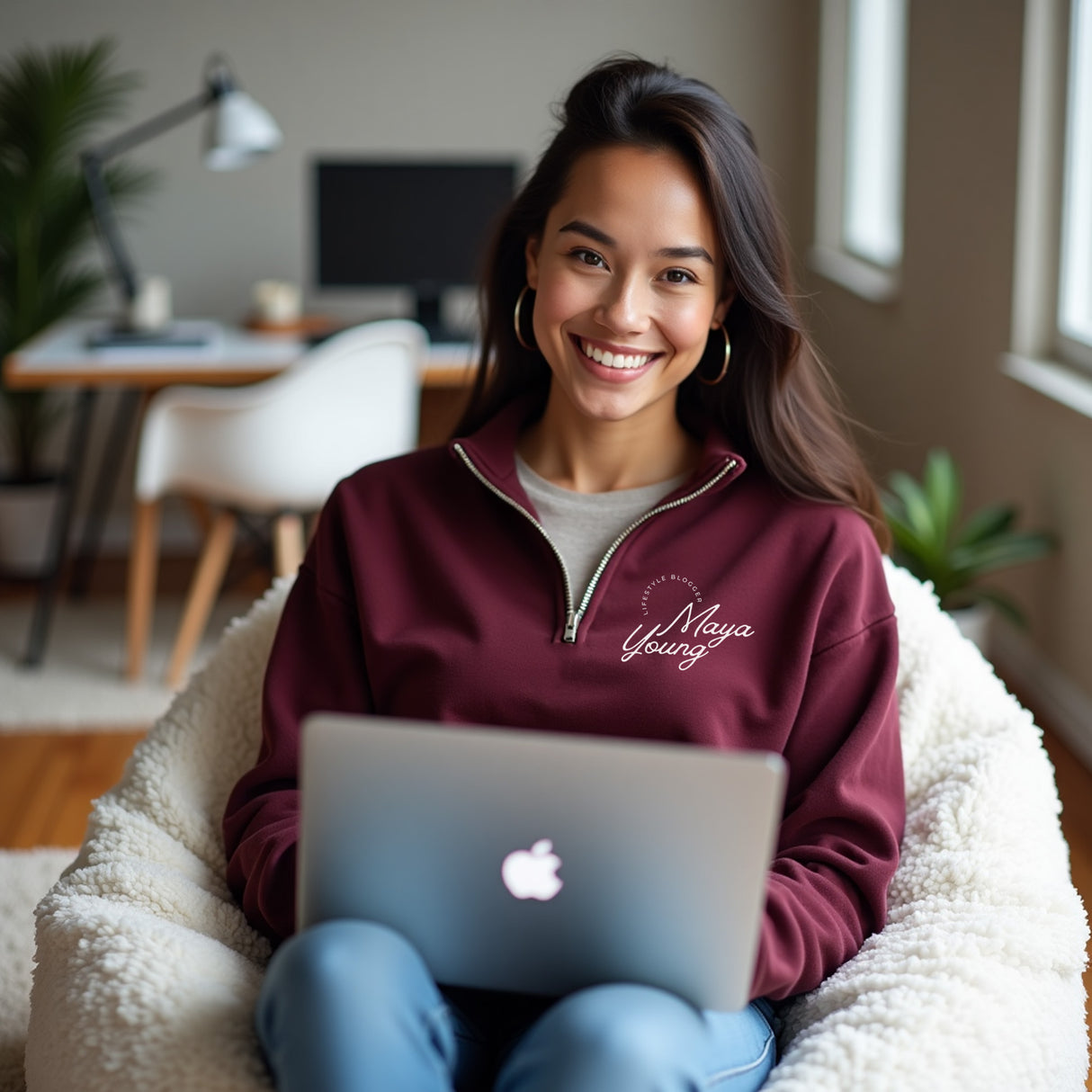 Small business owners cute custom quarter zip pullovers.