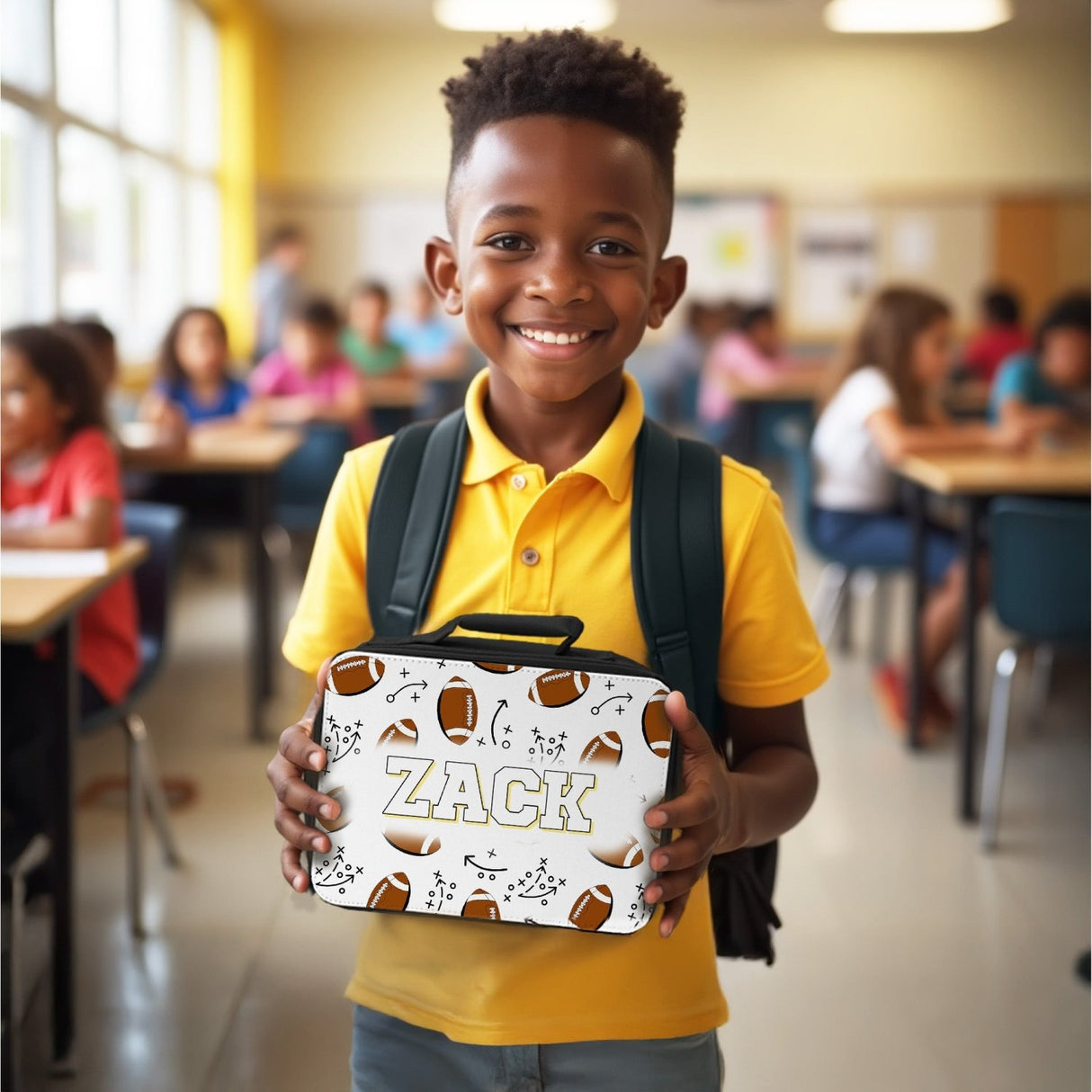 The perfect first day of school gift for boys is our custom lunch tote with name. Out football themed lunch box is the best back to school gift.