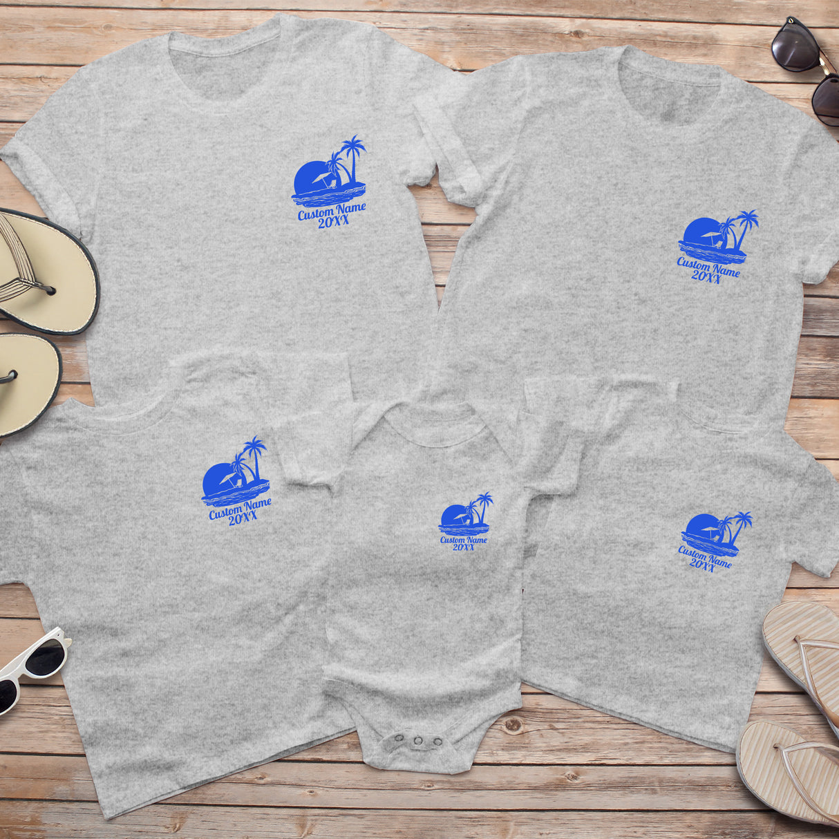 Custom beach shirts for family trips shown on adults and kids at tropical resort location.