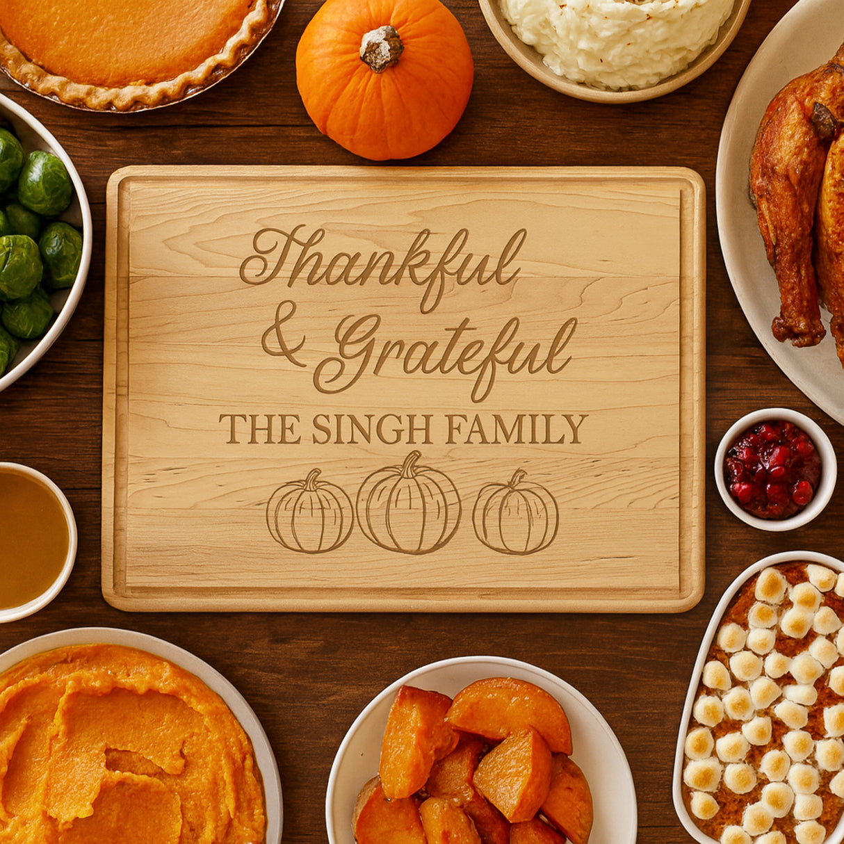 Thankful and Grateful Personalized Cutting Board for Thanksgiving, Custom Family Gifts