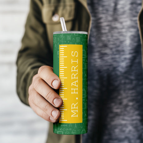 Personalized green teacher tumbler with name, grade, and subject, insulated drinkware for teacher appreciation