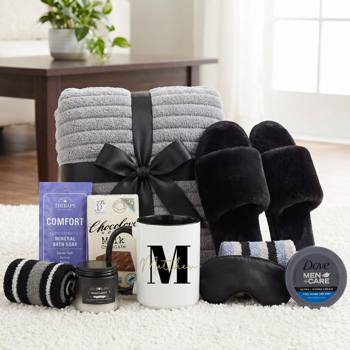 Midnight Lounge Self Care Gift Basket for Men with Slippers and Blanket - Gifts Are Blue