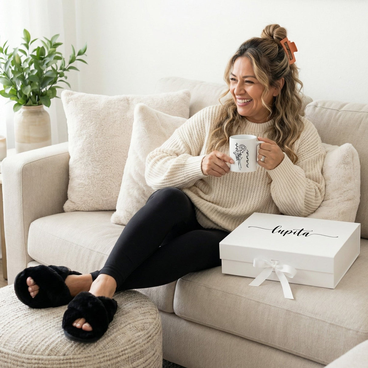 Calm Comfort Gift Set for Women - Custom Mug & Fluffy Slippers - Gifts Are Blue