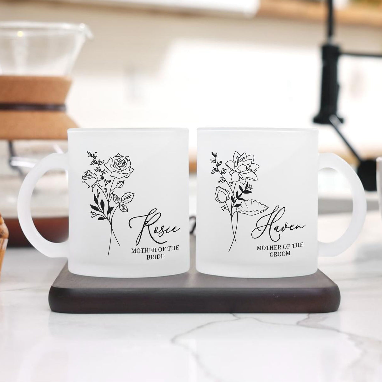 Custom bridesmaid gift, clear or frosted glass mug with personalized birth flower and name. Easy gifts for bridesmaid.