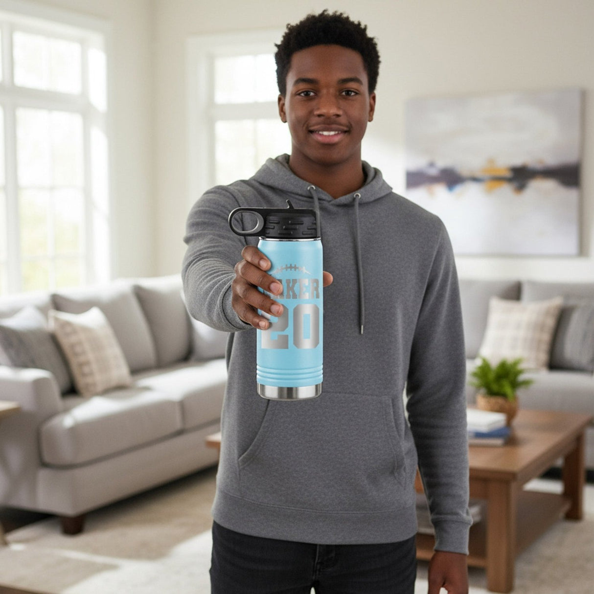 Football Number and Last Name Personalized Water Bottle for Teen Boys - Gifts Are Blue