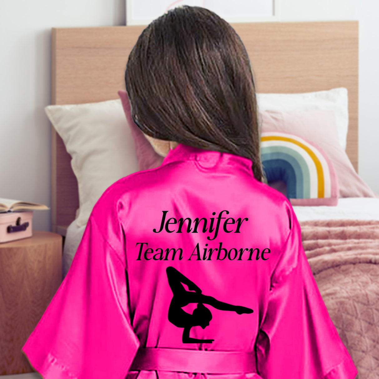 Matching dancer robes for girls with personalized names, ideal for dance team gifts, studio photos, or performances.