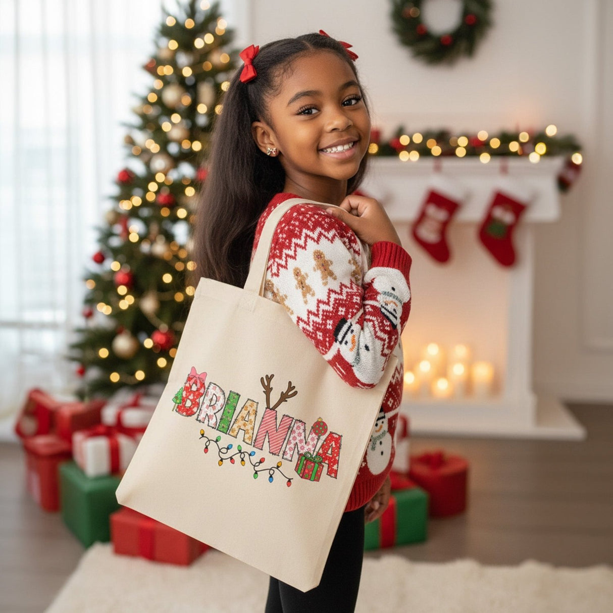 Xmas Alphabet Lights Personalized Christmas Treat Bags for Kids - Gifts Are Blue