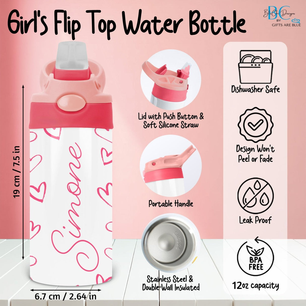 Gymnastics Water Bottle with Name, Custom Back to School Gift for Girls - Gifts Are Blue