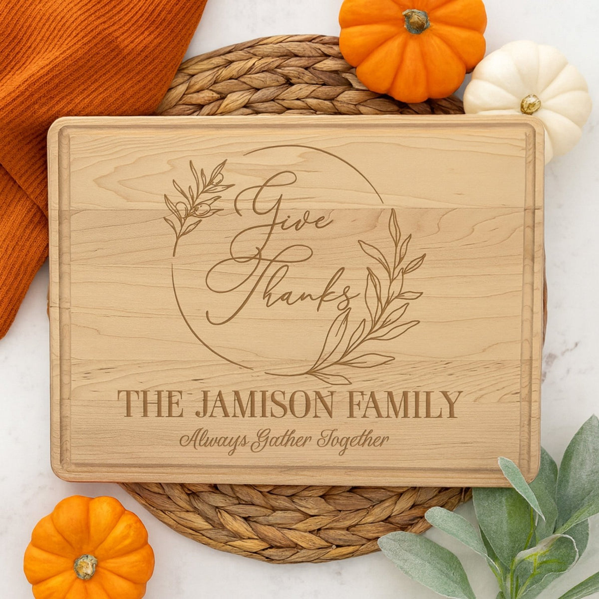 Give Thanks with Wreath Personalized Cutting Board for Thanksgiving - Gifts Are Blue