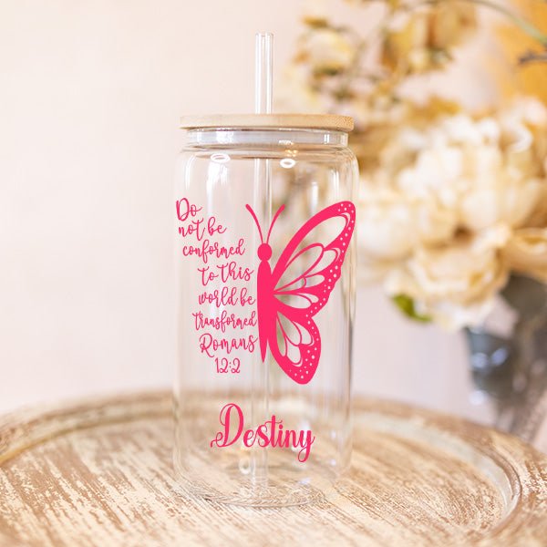 Cute Christian Romans 12:2 Bible Verse Clear Iced Coffee Glass Tumbler for Her - Gifts Are Blue