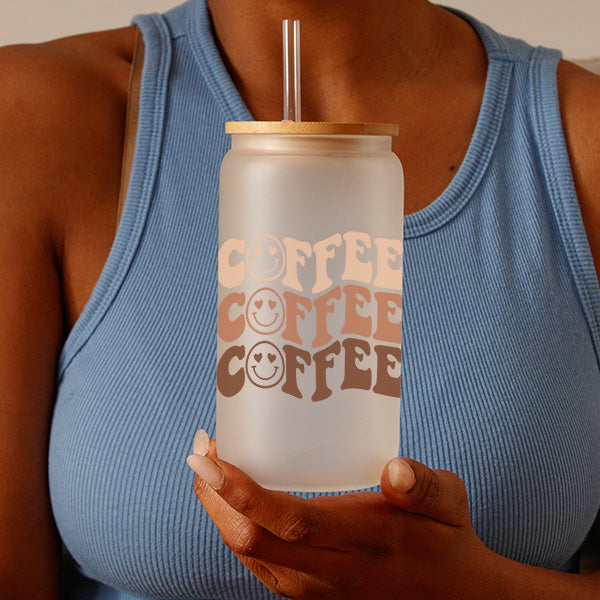 16oz Frosted Iced Coffee Glass Tumbler with Neutral Color Design for Coffee Lovers