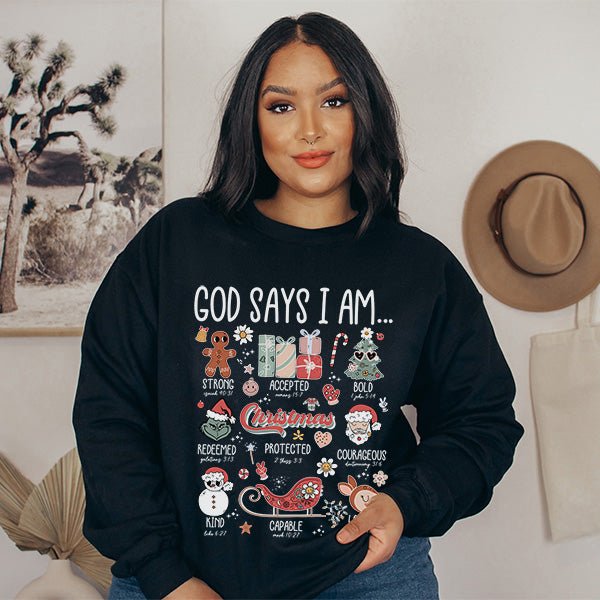 God Says I Am... Motivational Christmas Sweatshirt with Bible Verses - Gifts Are Blue