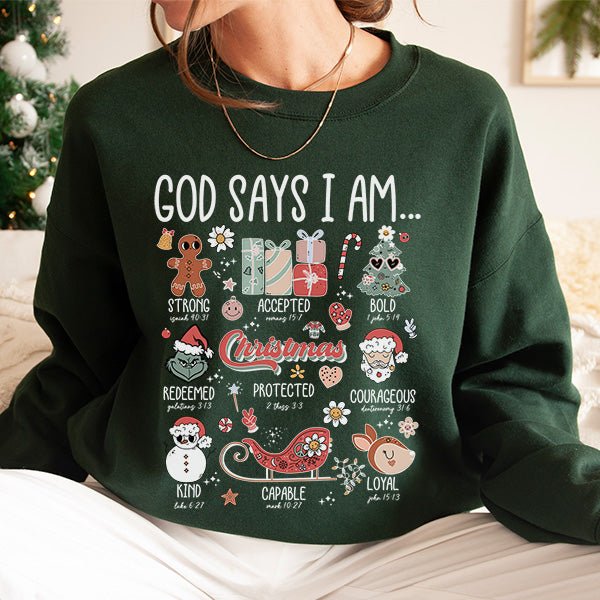 God Says I Am... Motivational Christmas Sweatshirt with Bible Verses - Gifts Are Blue