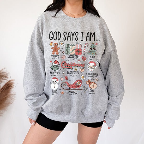 God Says I Am... Motivational Christmas Sweatshirt with Bible Verses - Gifts Are Blue