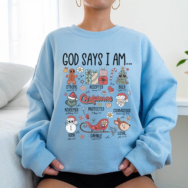 God Says I Am... Motivational Christmas Sweatshirt with Bible Verses - Gifts Are Blue