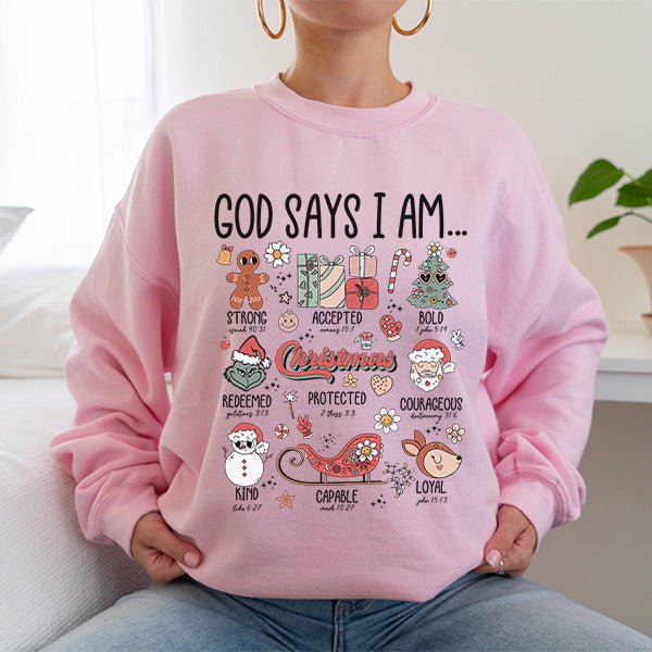 God Says I Am... Motivational Christmas Sweatshirt with Bible Verses - Gifts Are Blue