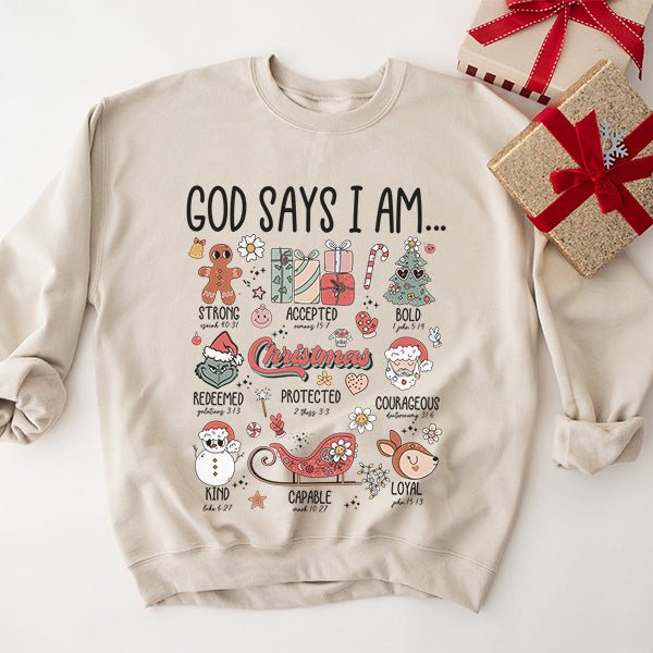 God Says I Am... Motivational Christmas Sweatshirt with Bible Verses - Gifts Are Blue