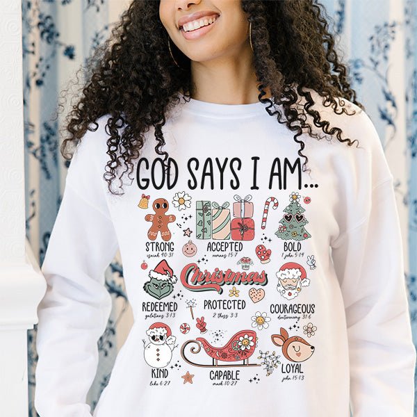God Says I Am... Motivational Christmas Sweatshirt with Bible Verses - Gifts Are Blue