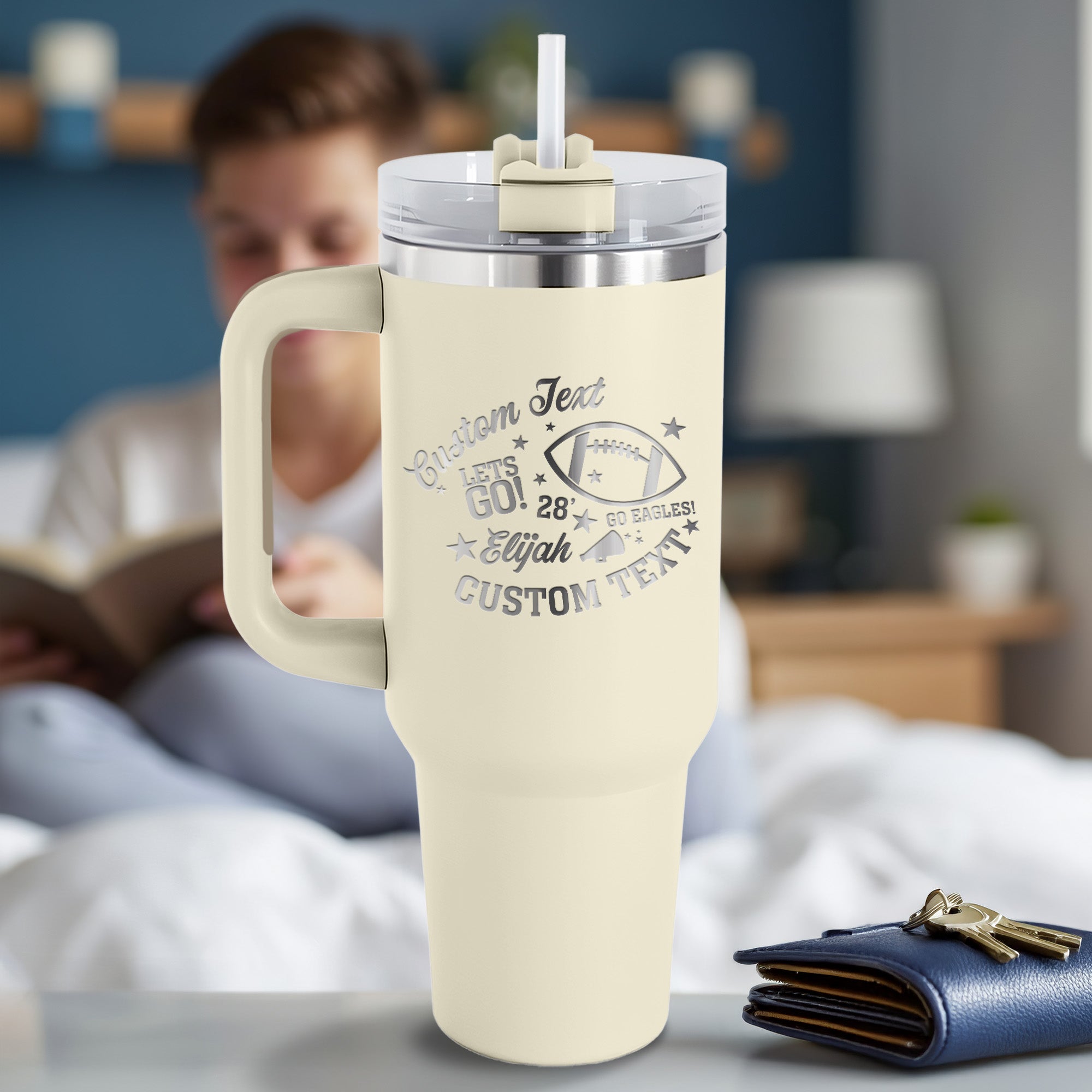 Great personalized college gifts for girls and boys. 40oz custom school tumbler for football game days and everyday use.