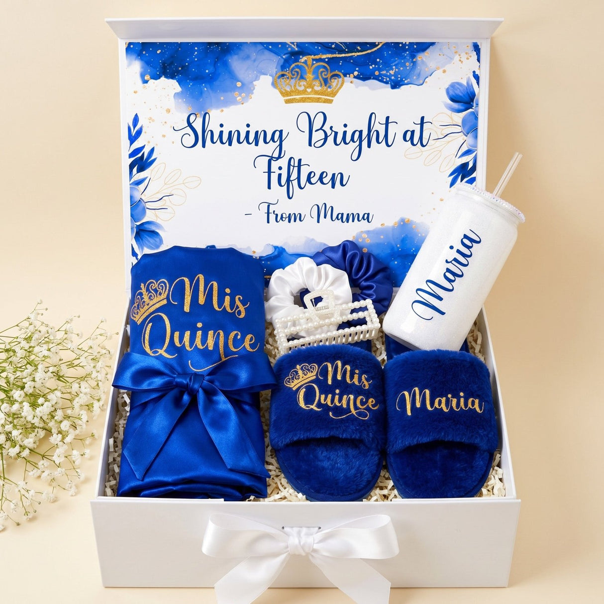 Royal Blue Deluxe Quinceanera Gift Box with Mis Quince Robe & Slippers - Gifts Are Blue