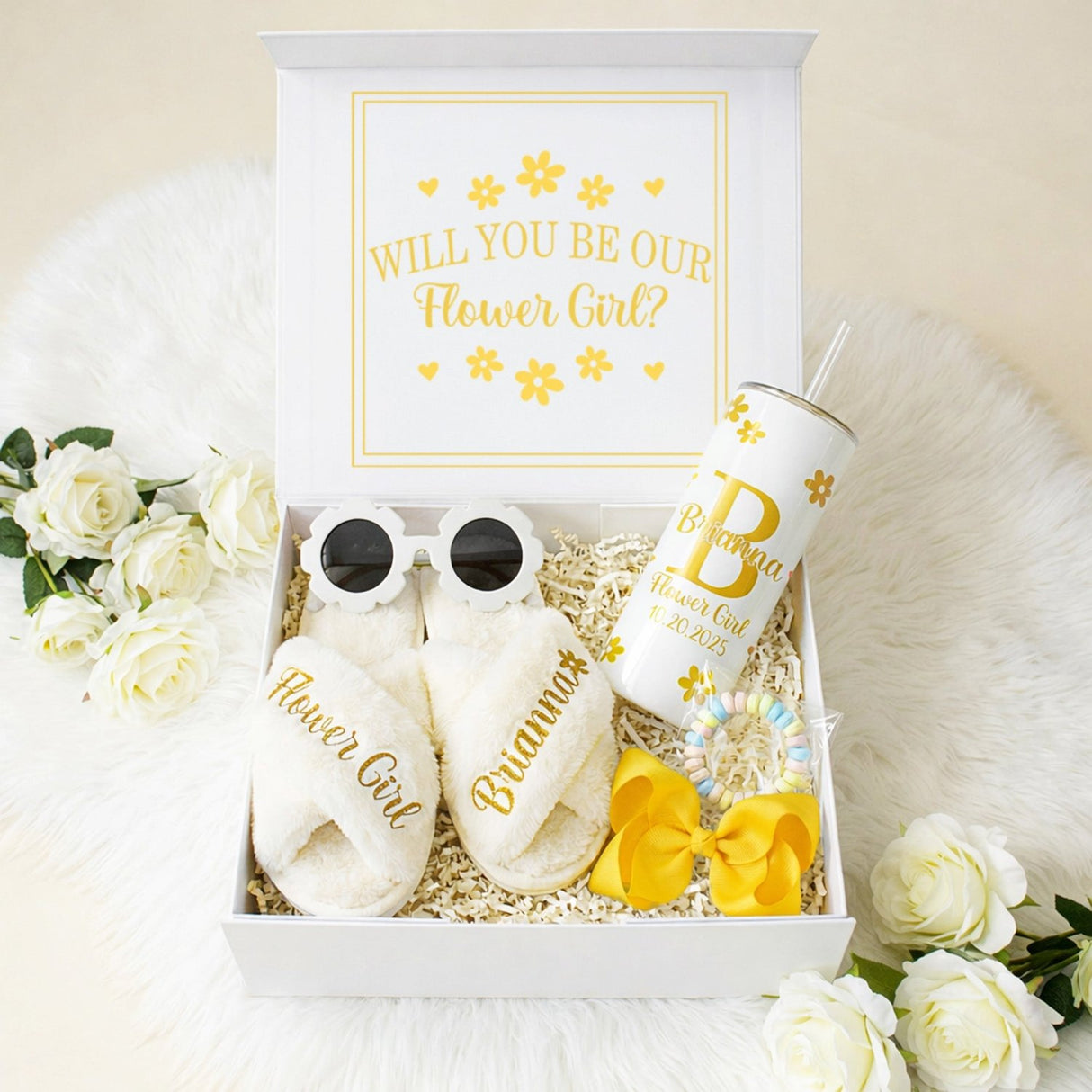 Sweet Pea Flower Girl Proposal Box with Fluffy Slippers & Tumbler - Gifts Are Blue