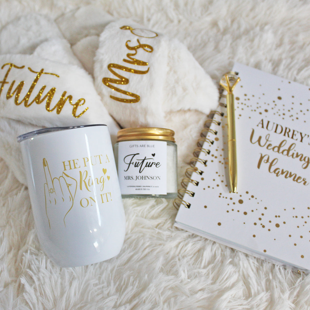 Gold Themed Personalized Engagement Gift Bundle with Slippers for New Fiance