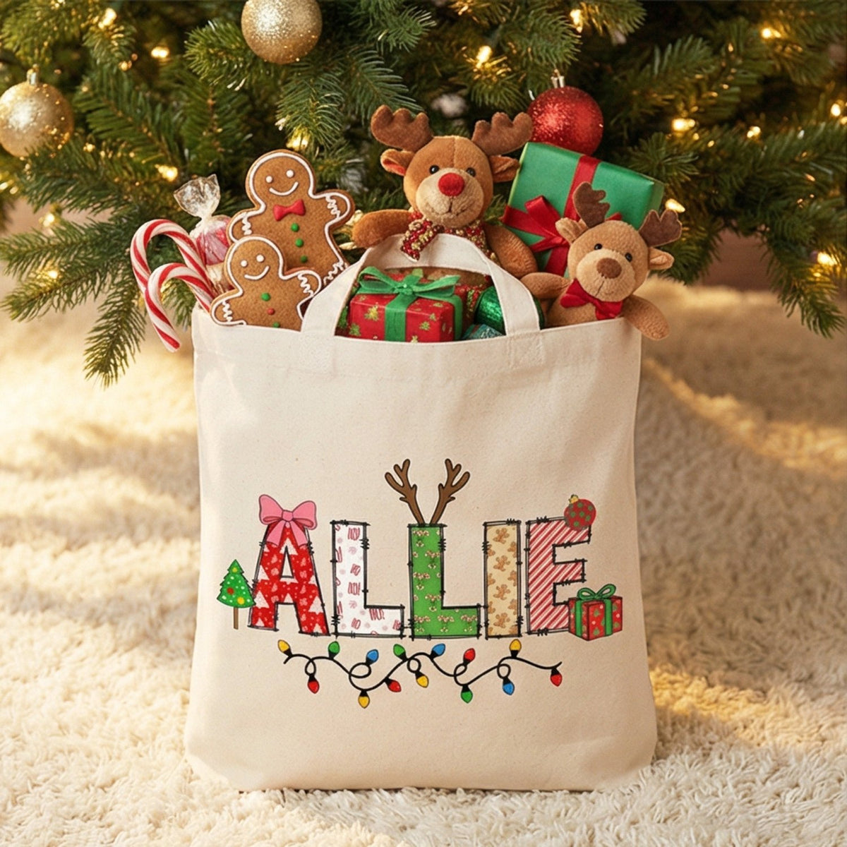 Xmas Alphabet Lights Personalized Christmas Treat Bags for Kids - Gifts Are Blue