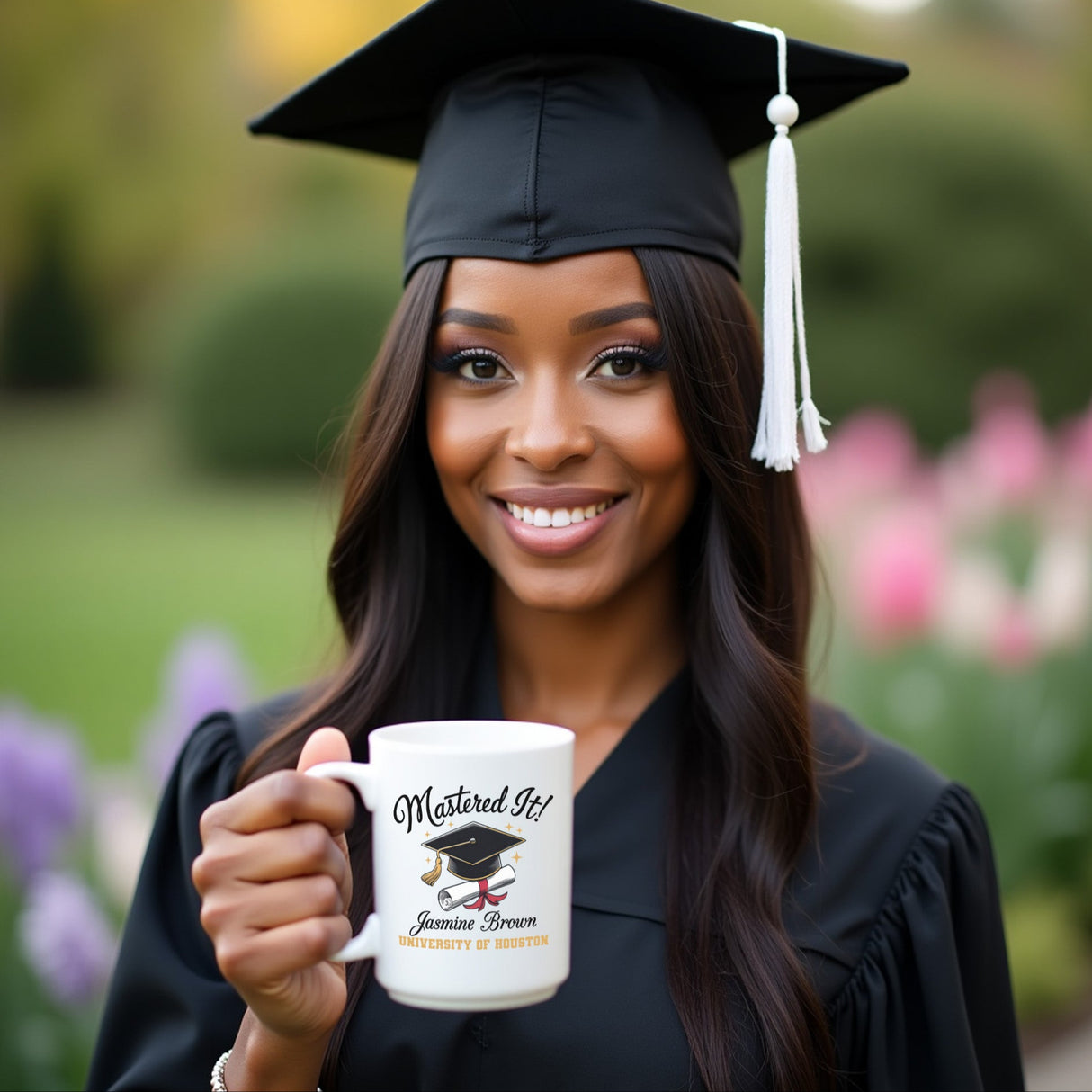Female graduate holding personalized Masters degree mug with custom name and university, Class of 2025 graduation gift. Perfect gift for him or her.