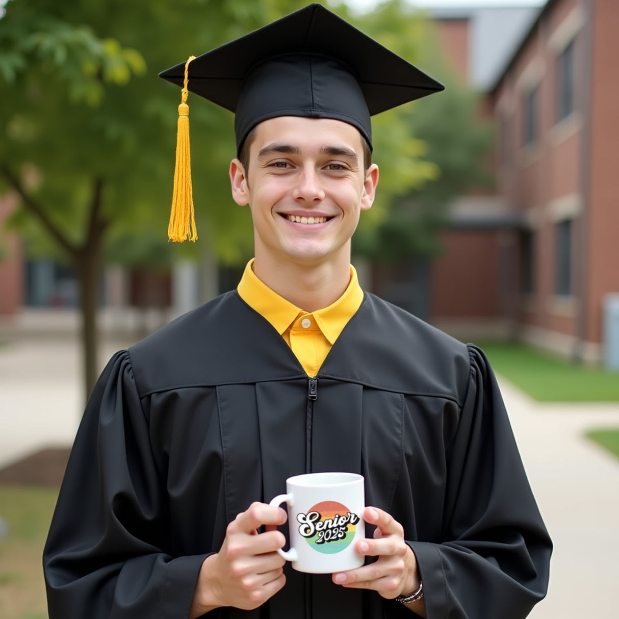 Male graduate wearing a black cap and gown, standing outdoors and holding a Class of 2025 mug with both hands, smiling as he celebrates his achievement. Colorful graduation mug with male graduate.