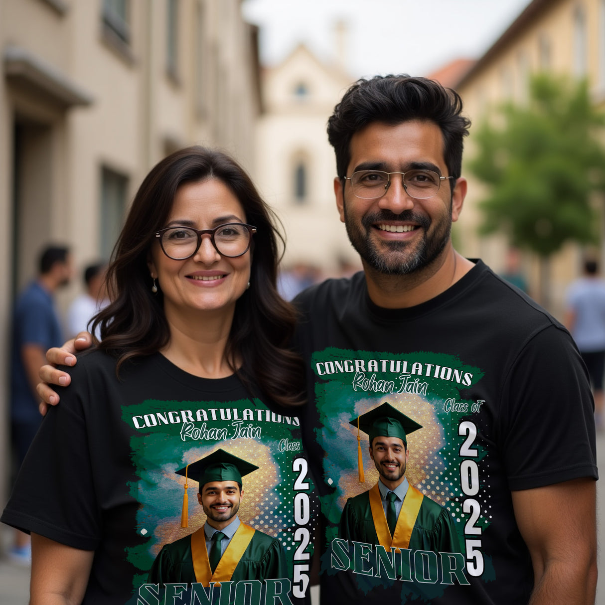 Two parents wearing personalized photo graduation shirts, proudly showing support in custom matching shirts.
