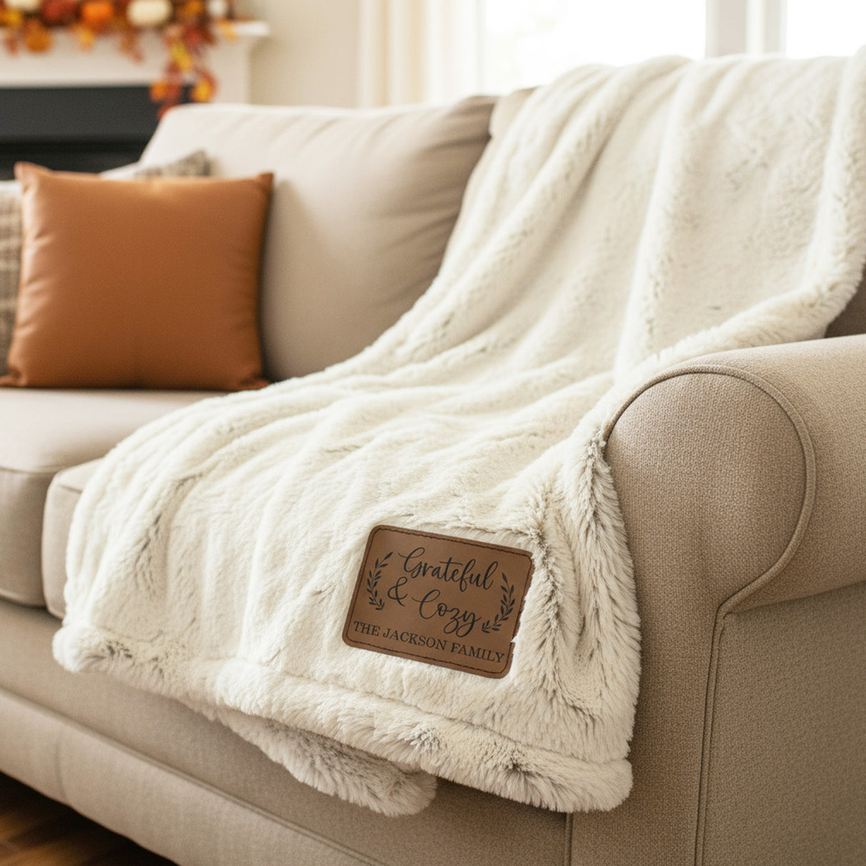 Grateful and Cozy Personalized Throw Blanket with leather Patch, Fall Decoration