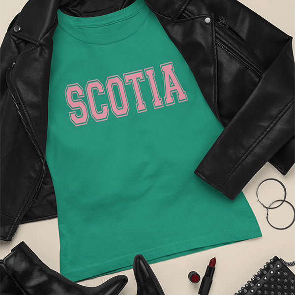 Green Scotia Custom Shirts with Salmon Pink text. all SKUs