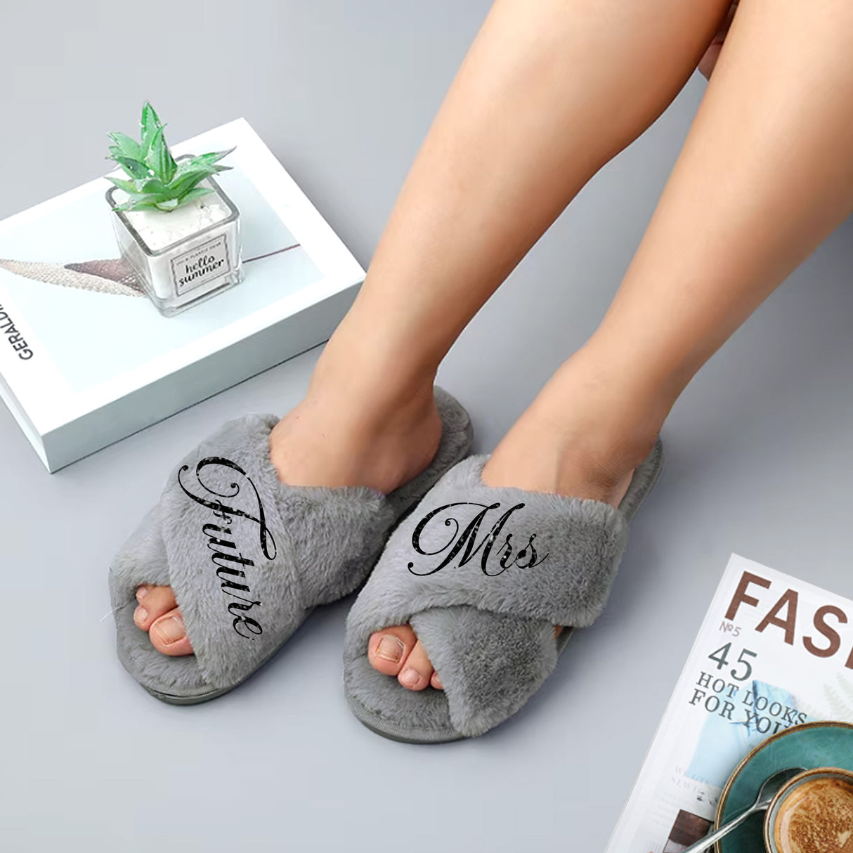 Engagement gift for women featuring Future Mrs slippers, perfect for celebrating a new fiancée.