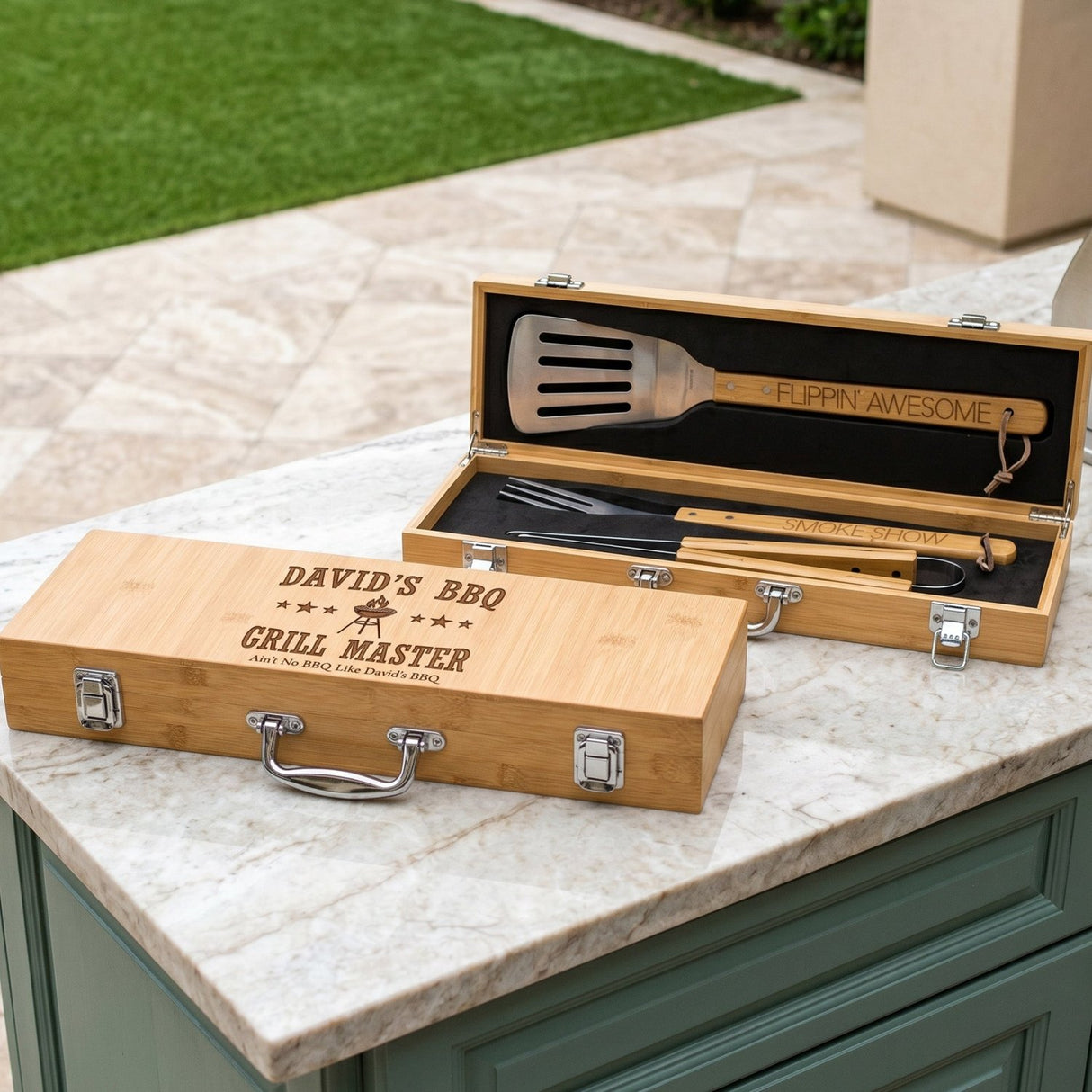 The Grill Master BBQ Tool Set with Engraved Case - 3 Pc Bamboo Kit - Gifts Are Blue