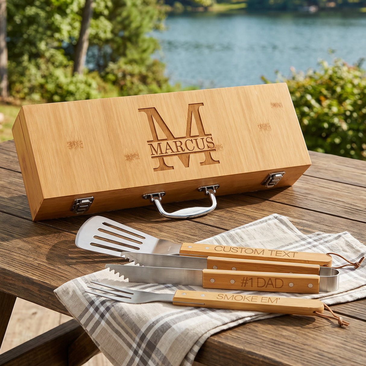 The Grill Master BBQ Tool Set with Engraved Case - 3 Piece Bamboo Kit
