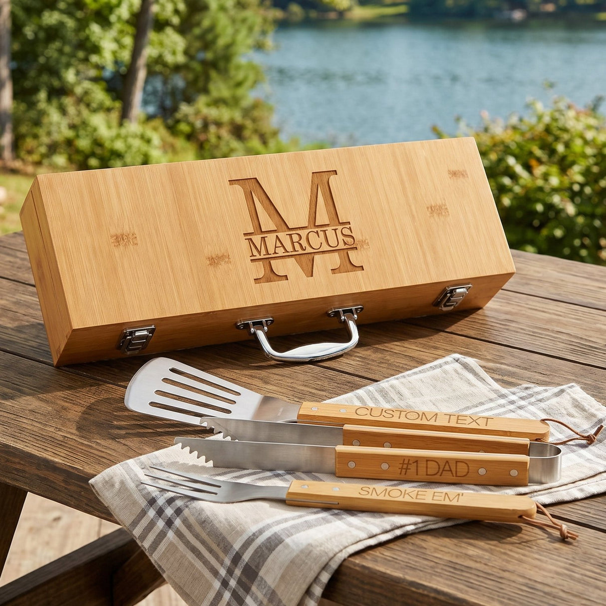The Grill Master BBQ Tool Set with Engraved Case - 3 Pc Bamboo Kit - Gifts Are Blue