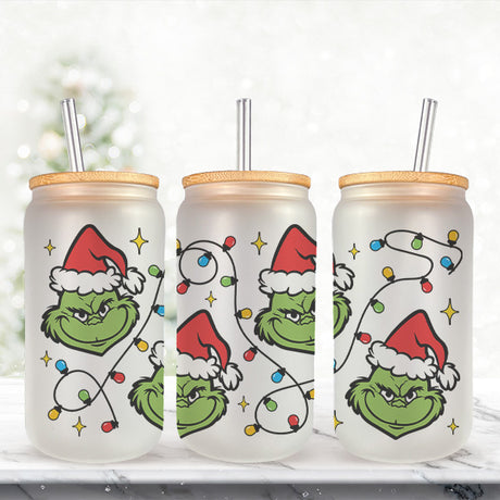 Cute 16oz Grinch Christmas Frosted Iced Coffee Glass Tumbler for the Holidays