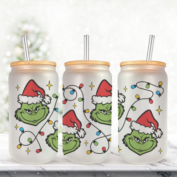 16oz Grinch Christmas Frosted Iced Coffee Glass Tumbler for the Holidays - Gifts Are Blue