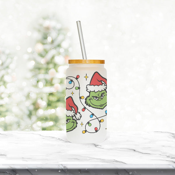 Cute 16oz Grinch Christmas Frosted Iced Coffee Glass Tumbler for the Holidays