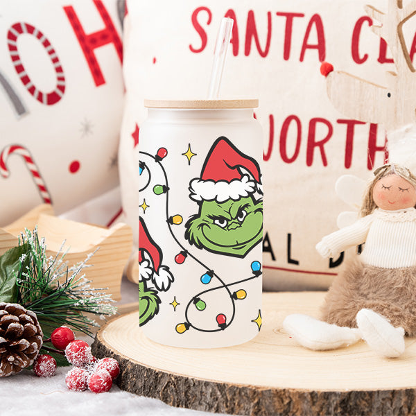 Cute 16oz Grinch Christmas Frosted Iced Coffee Glass Tumbler for the Holidays