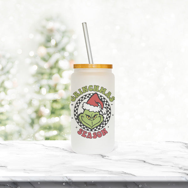 Grinchmas Frosted Iced Coffee Glass Christmas Tumbler with Straw and Lid